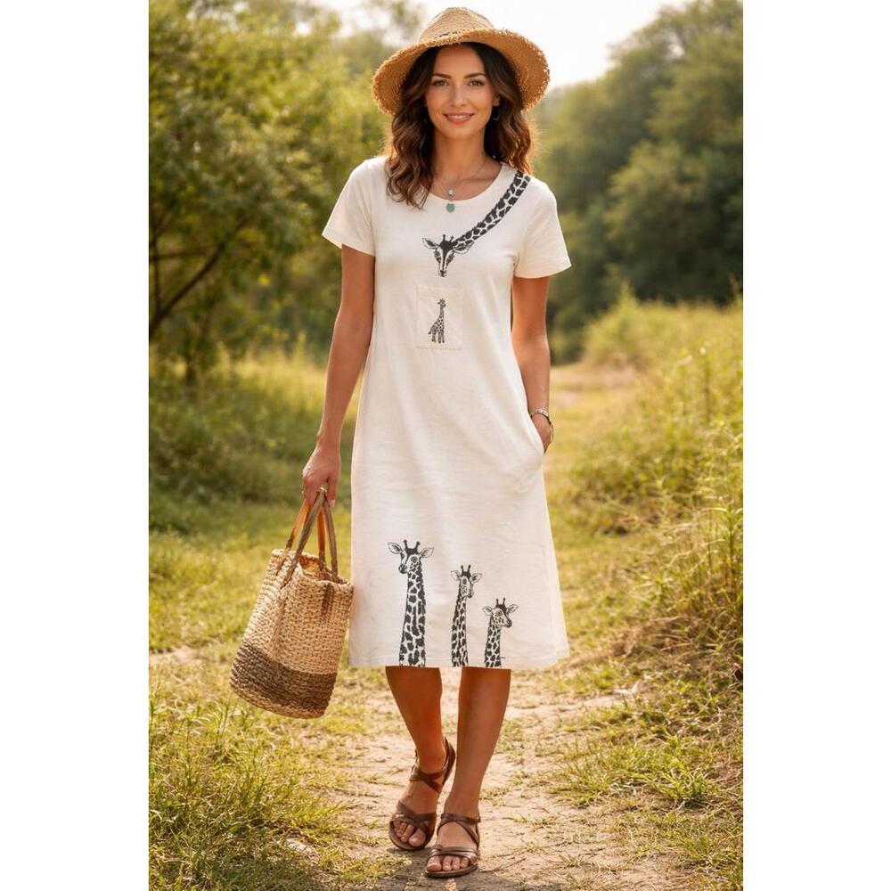Vintage Cite dress small S white giraffe midi cotton short sleeve safari zoo